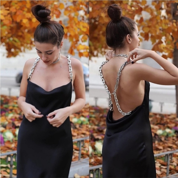 Zara * Chain Strap Satin Effect Slip Midi Dress Black - Picture 8 of 16